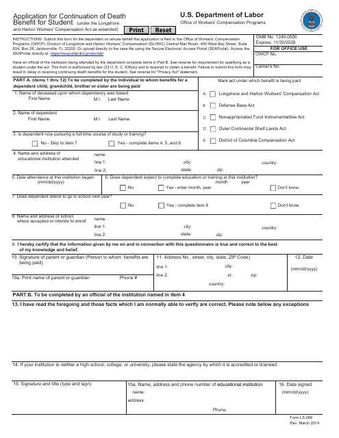 Form LS-266 Application for Continuation of Death Benefit for Student