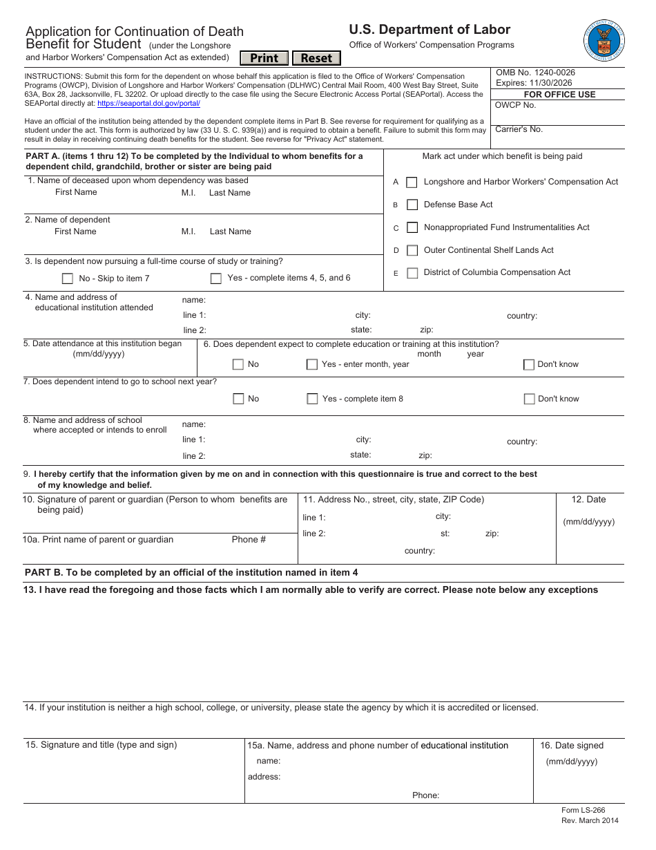 Form LS-266 Application for Continuation of Death Benefit for Student, Page 1