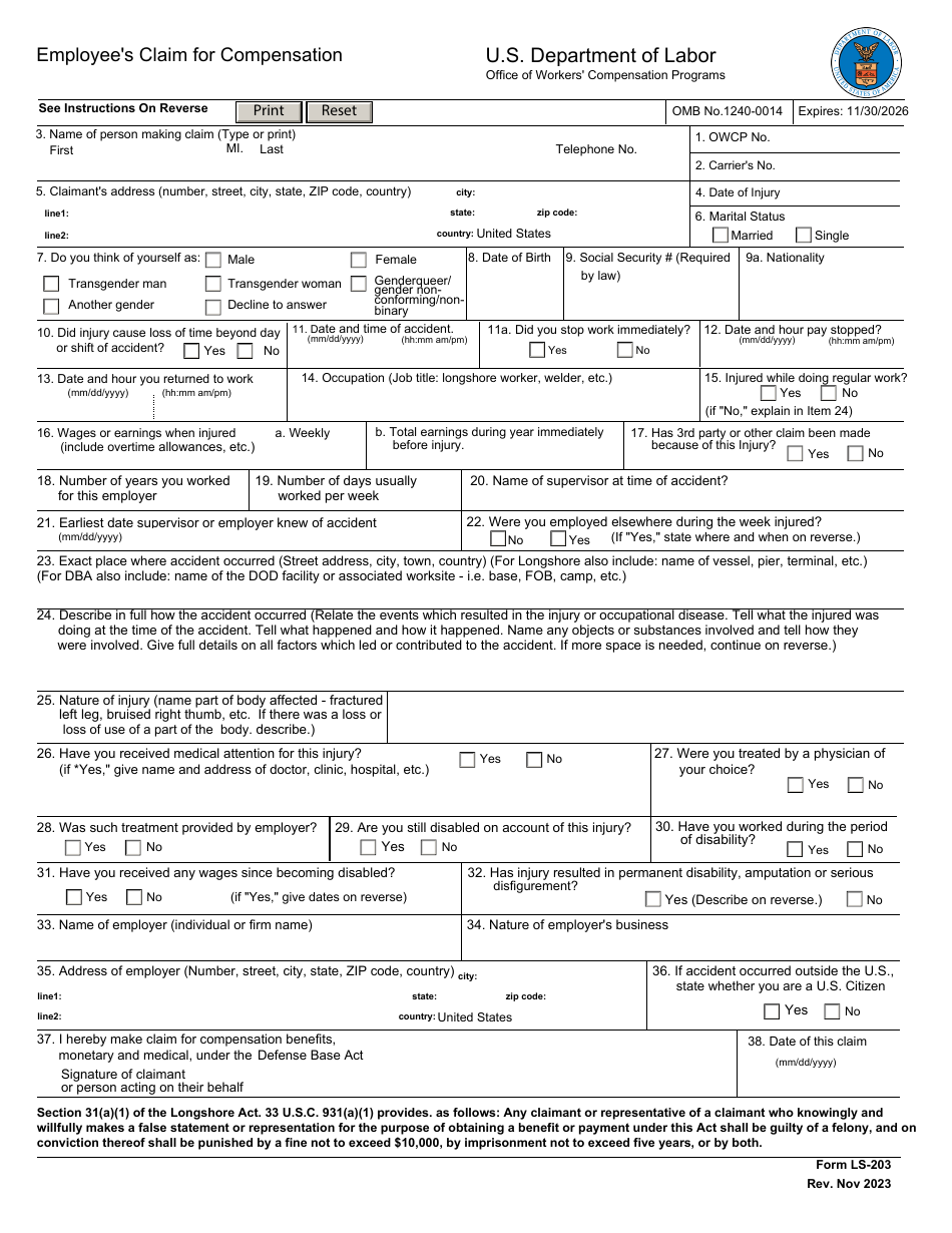 Form LS-203 Employees Claim for Compensation, Page 1