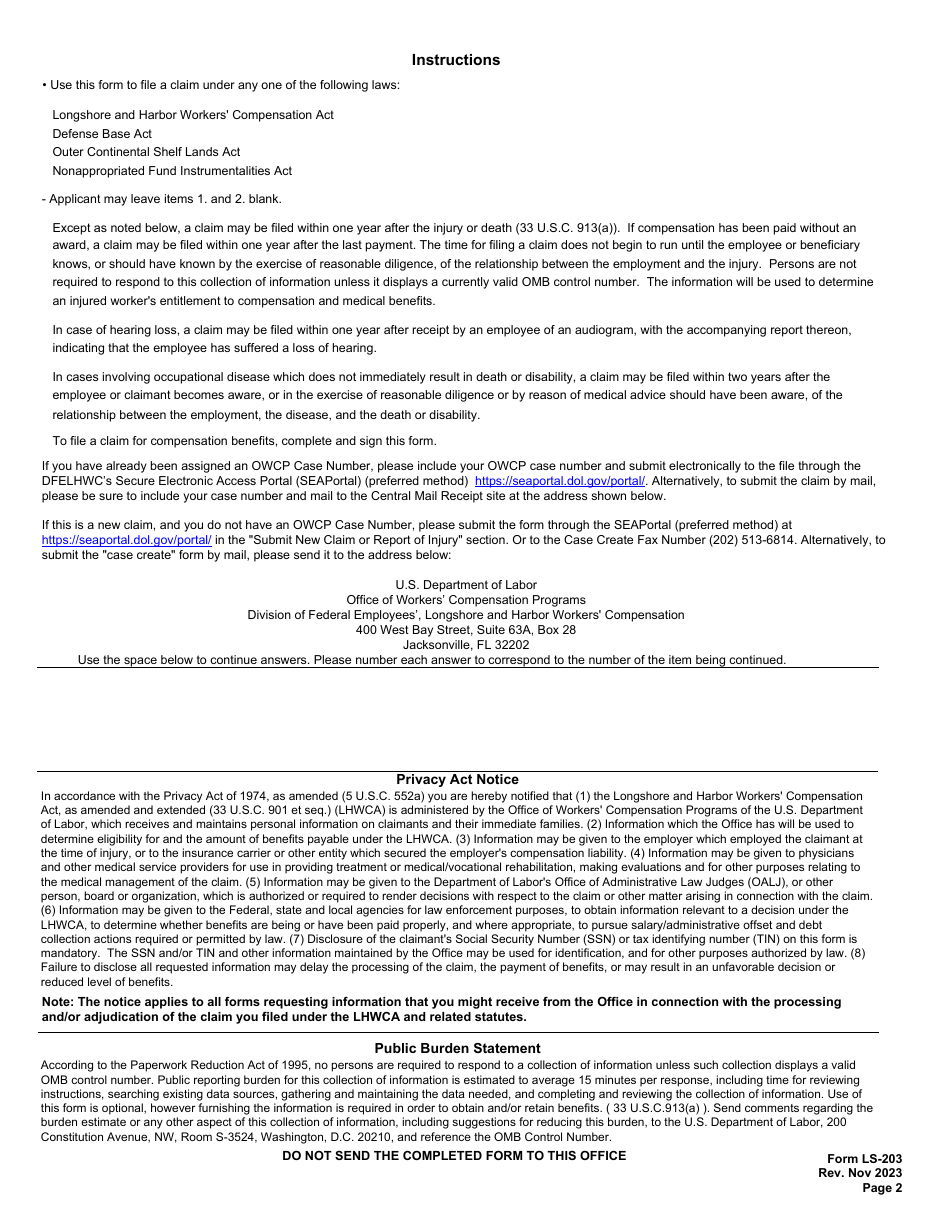 Form LS-203 Employees Claim for Compensation, Page 2