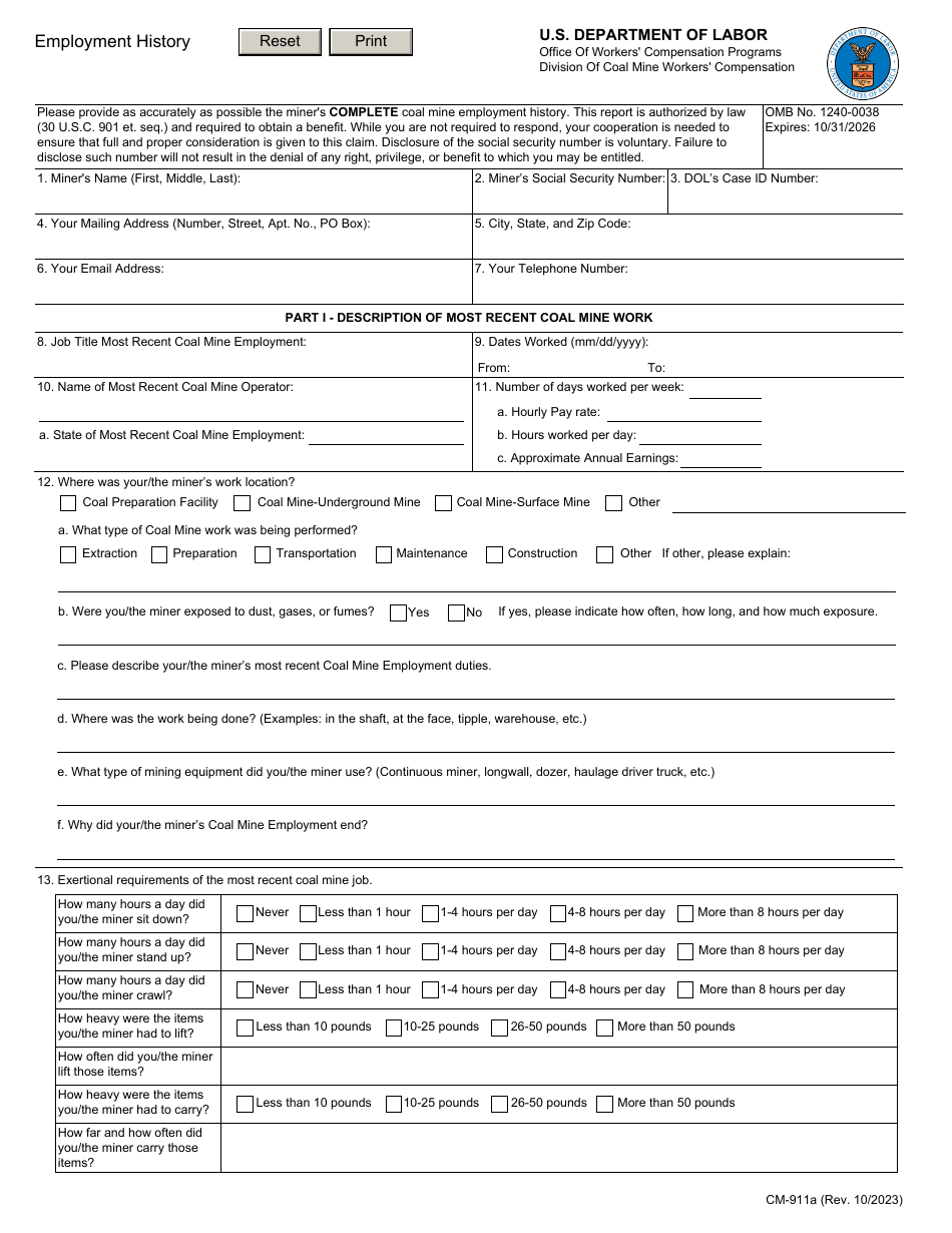 Form CM-911A Employment History, Page 1