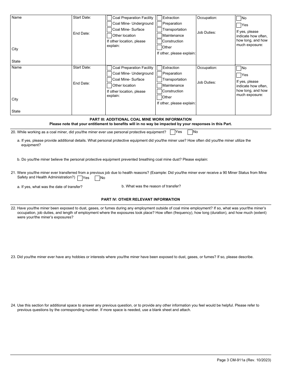 Form CM-911A Employment History, Page 3