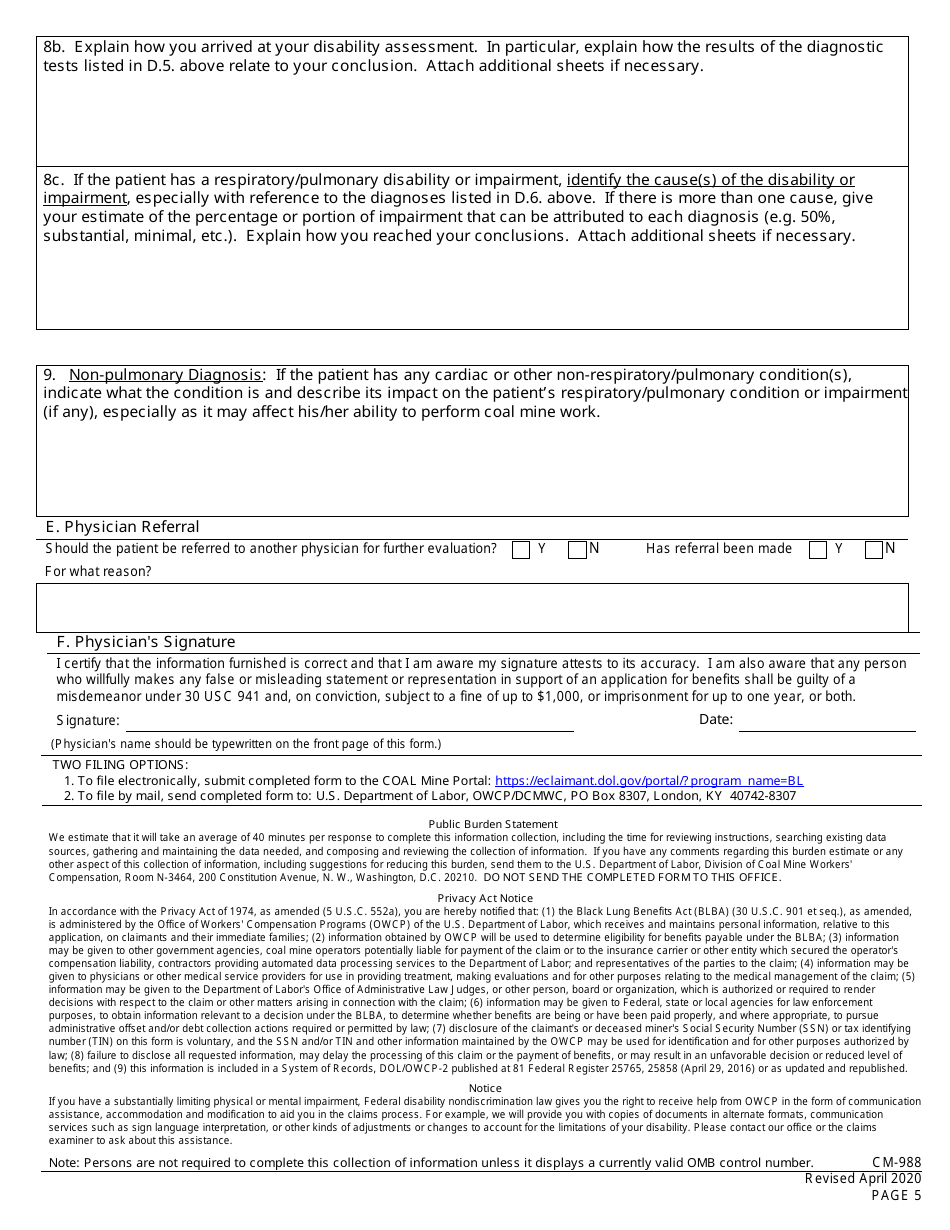 Form CM-968 Medical History and Examination for Coal Mine Workers Pneumoconiosis, Page 5