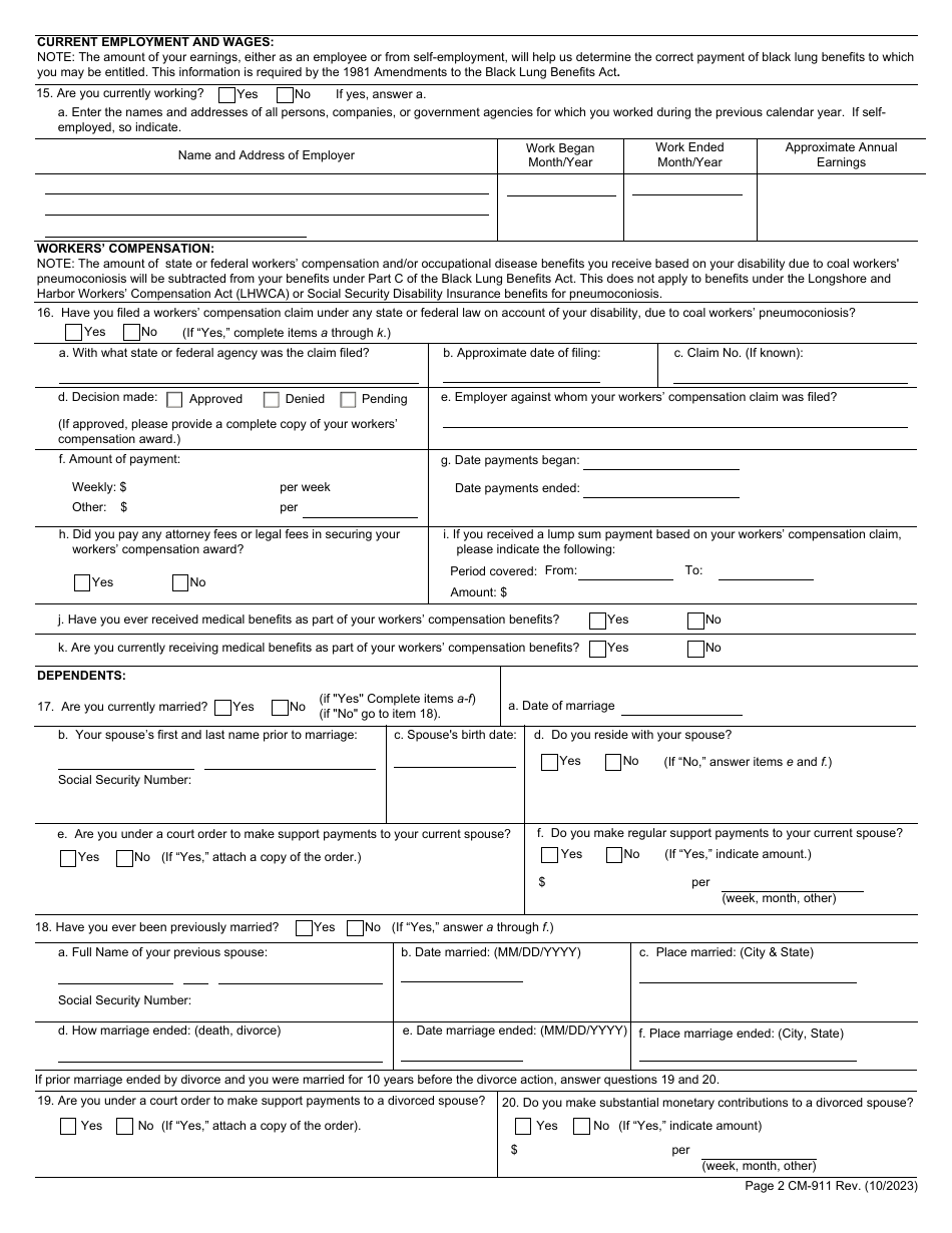 Form CM-911 Miners Claim for Benefits Under the Black Lung Benefits Act, Page 2