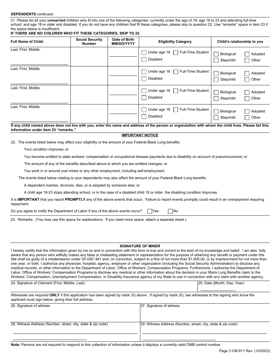 Form CM-911 Miners Claim for Benefits Under the Black Lung Benefits Act, Page 3