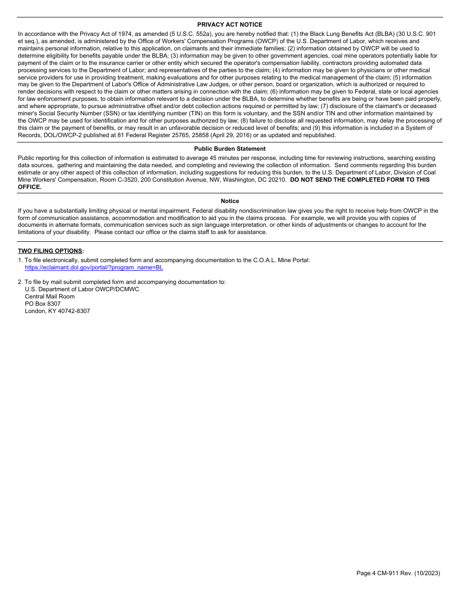 Form CM-911 Miners Claim for Benefits Under the Black Lung Benefits Act, Page 4