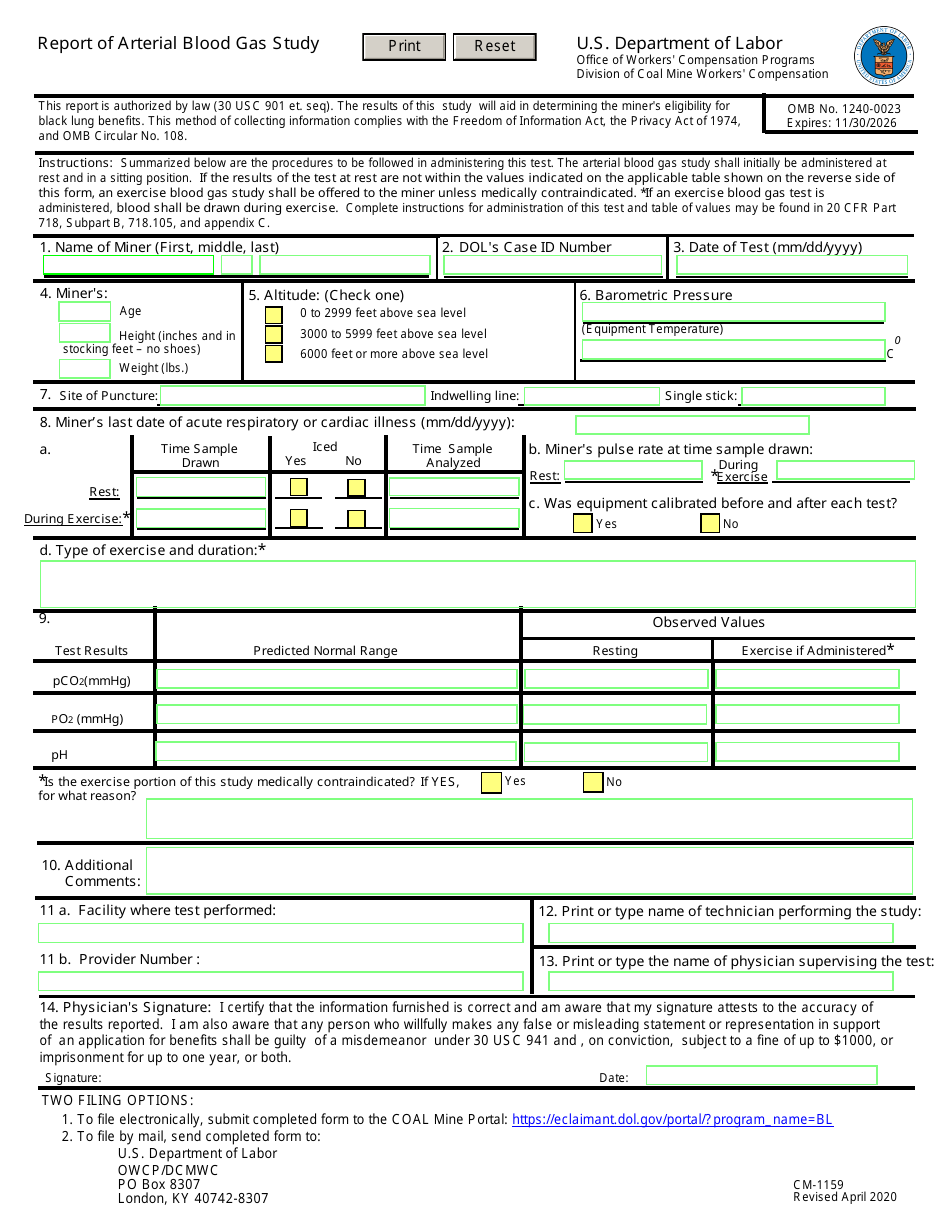 Form CM-1159 Report of Arterial Blood Gas Study, Page 1