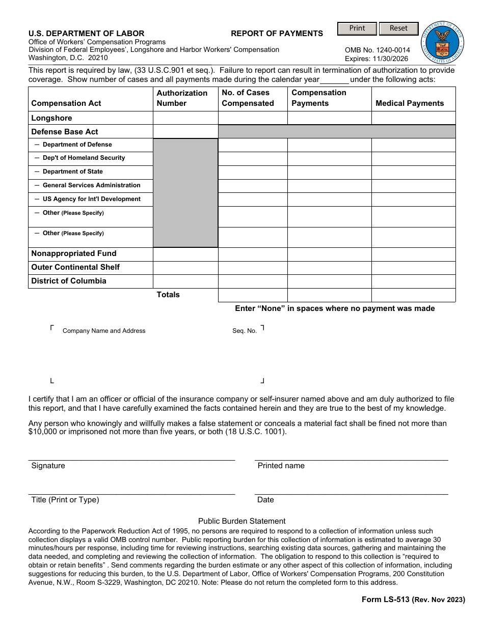 Form LS-513 Report of Payments, Page 1