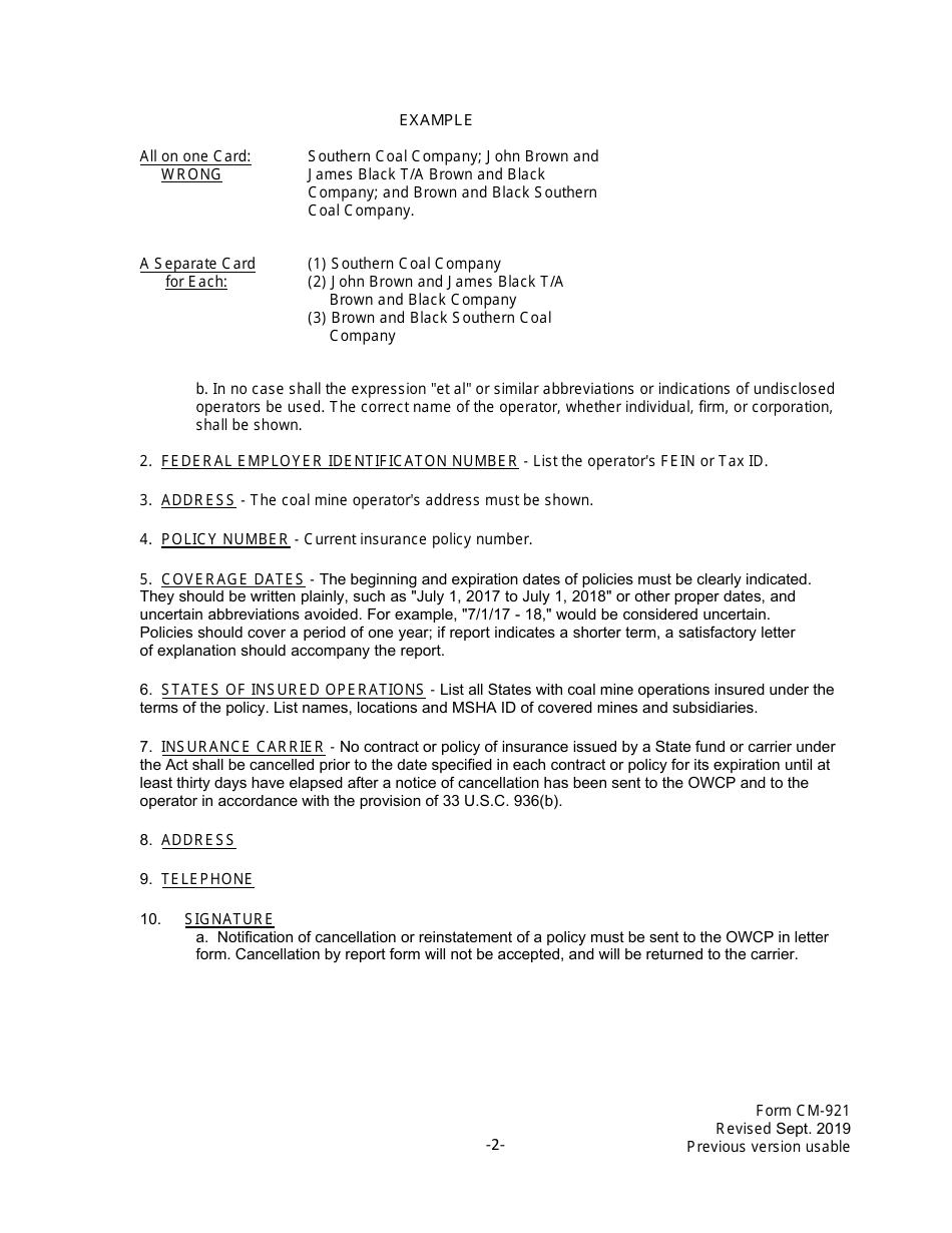 Instructions for Form CM-921 Report of Coverage for Policies of Insurance Under the Black Lung Benefits Act, Page 2
