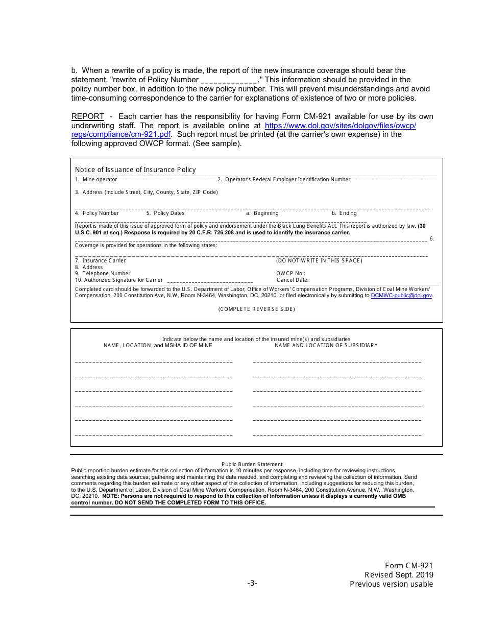 Instructions for Form CM-921 Report of Coverage for Policies of Insurance Under the Black Lung Benefits Act, Page 3