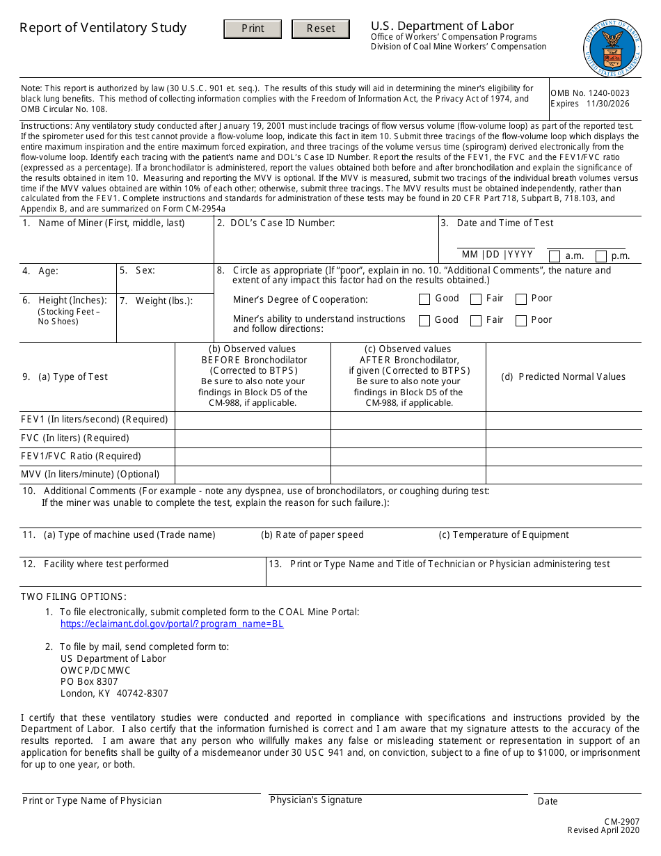 Form CM-2907 Report of Ventilatory Study, Page 1