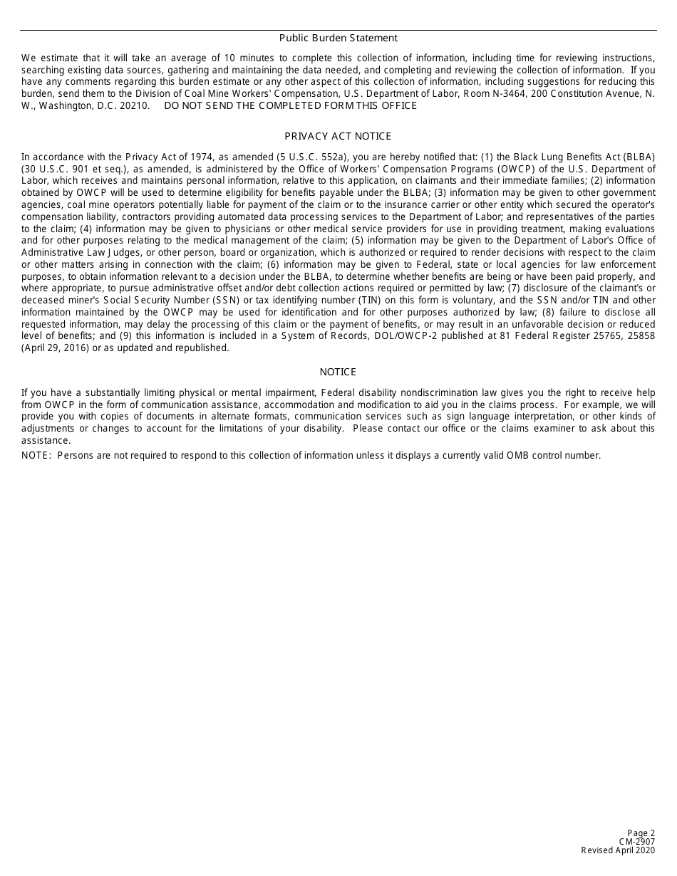 Form CM-2907 Report of Ventilatory Study, Page 2