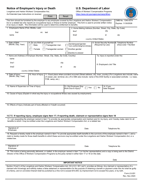 Form LS-201 Notice of Employee's Injury or Death