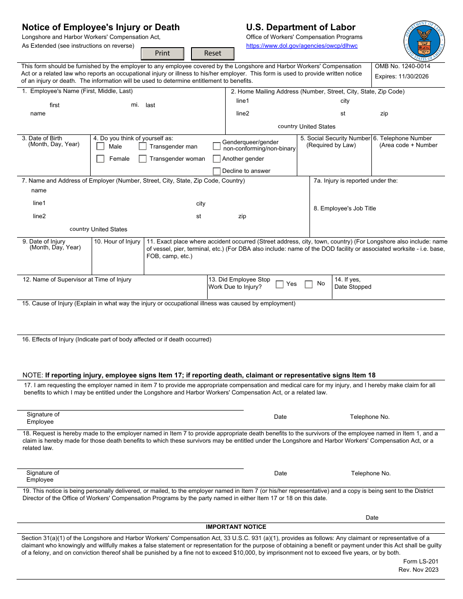 Form LS-201 Notice of Employees Injury or Death, Page 1