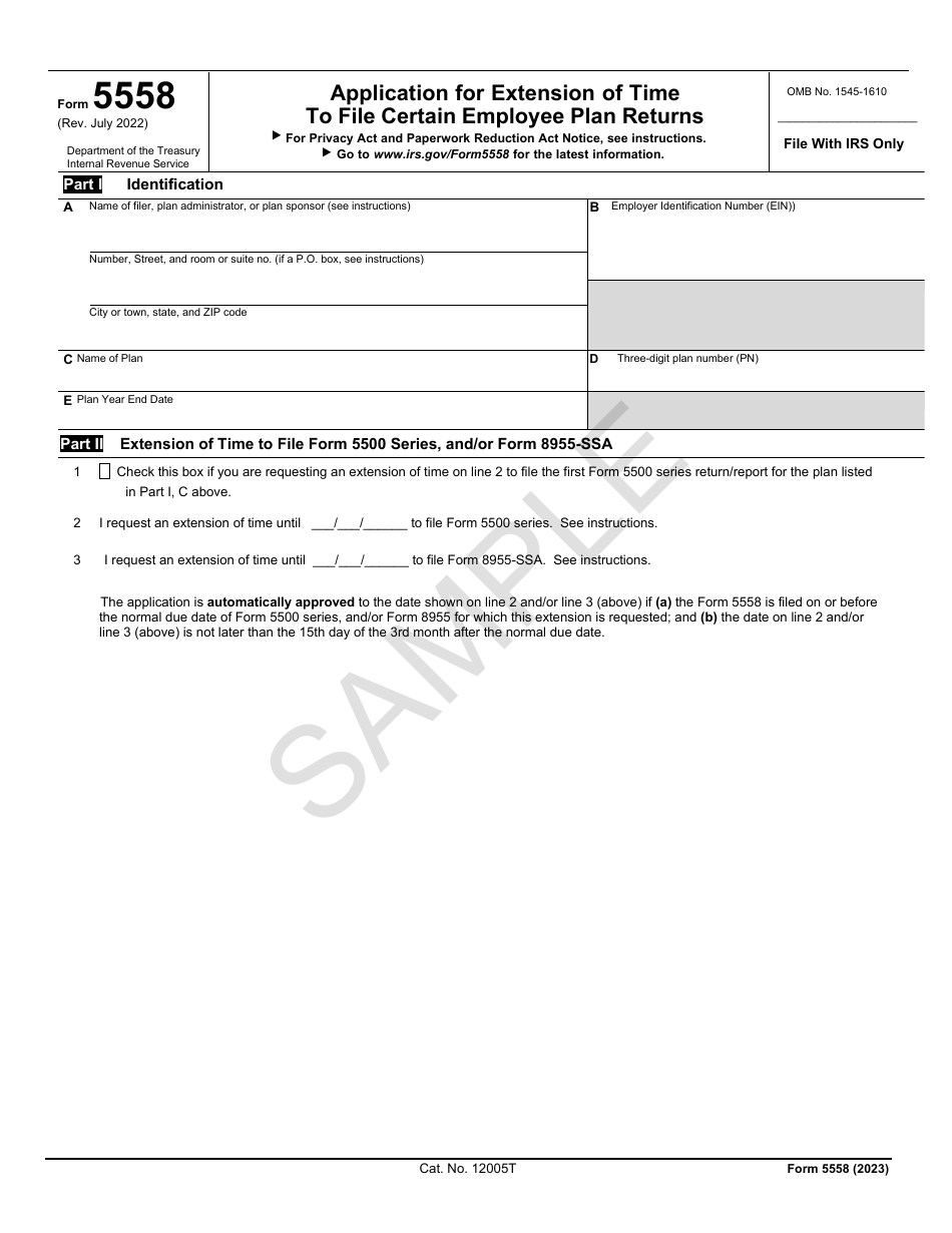 IRS Form 5558 Application for Extension of Time to File Certain Employee Plan Returns - Sample, Page 1