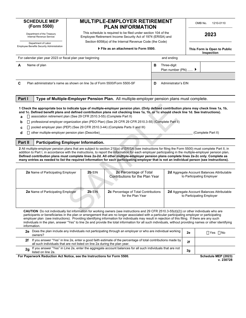 Form 5500 Schedule MEP Multiple-Employer Retirement Plan Information - Sample, Page 1