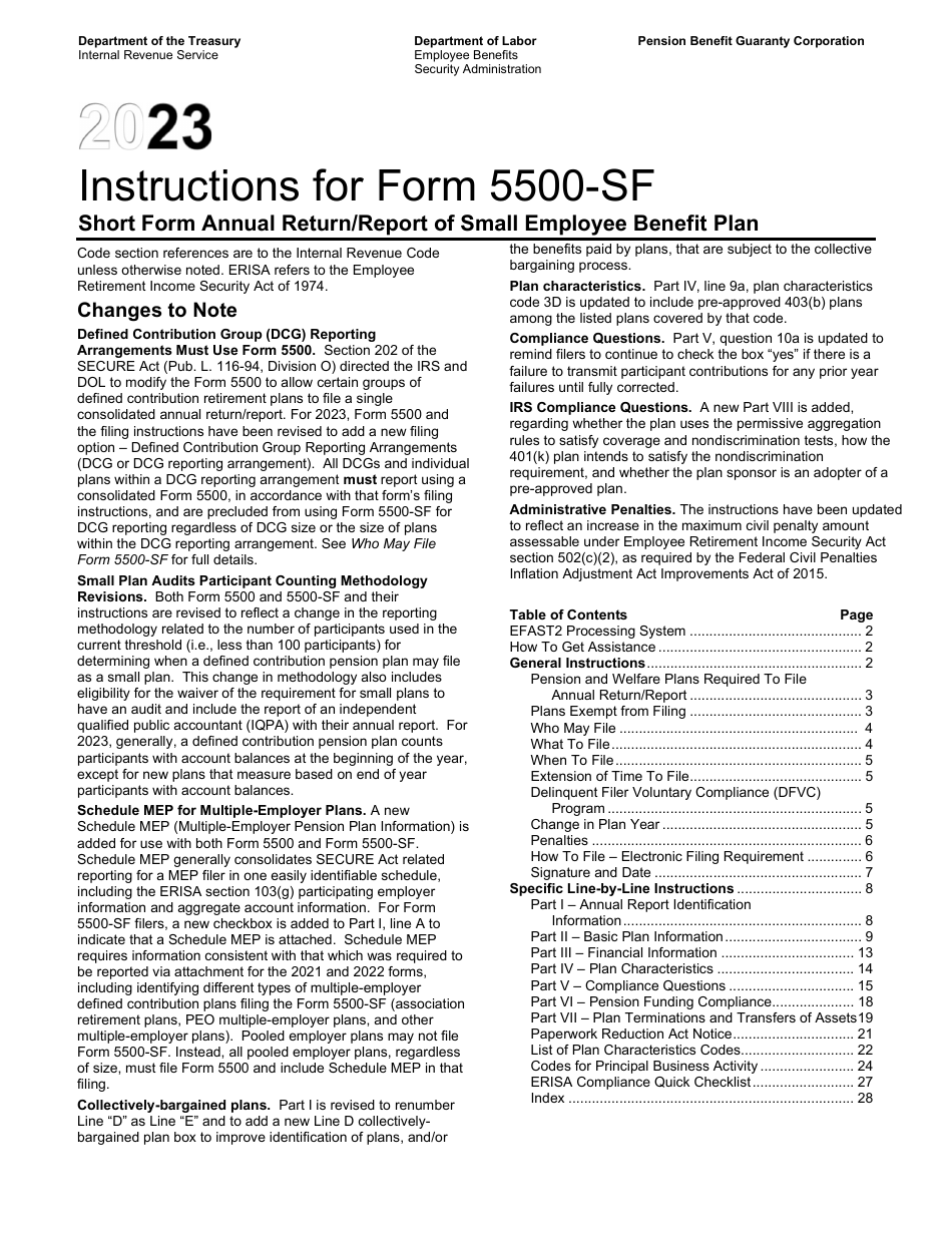 Download Instructions for Form 5500SF Short Form Annual Return/Report