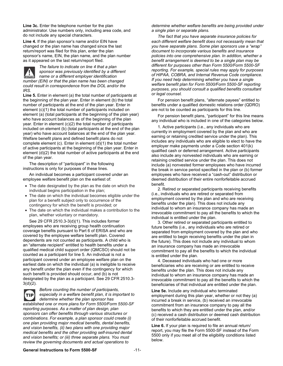Instructions for Form 5500-SF Short Form Annual Return / Report of Small Employee Benefit Plan, Page 11