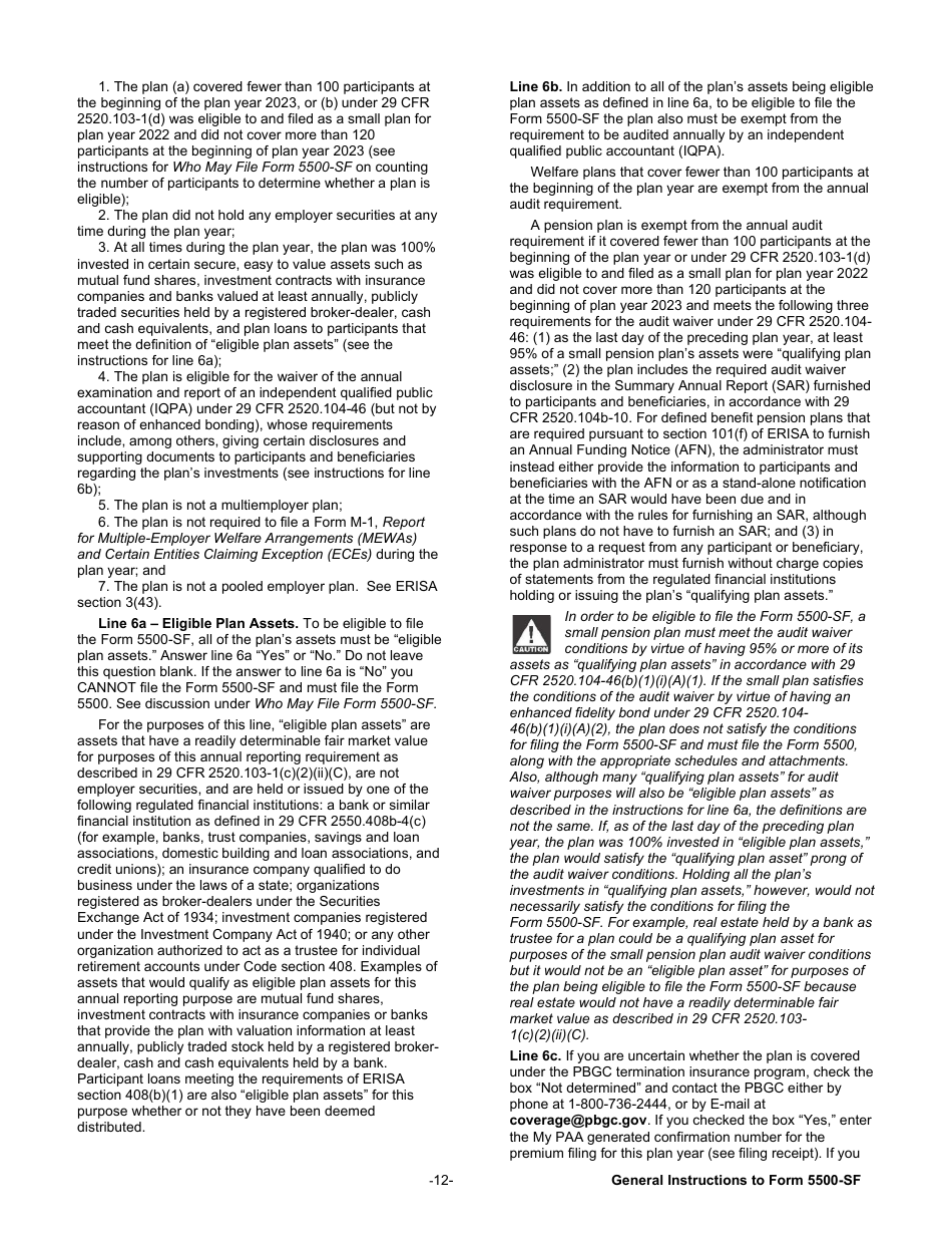 Instructions for Form 5500-SF Short Form Annual Return / Report of Small Employee Benefit Plan, Page 12