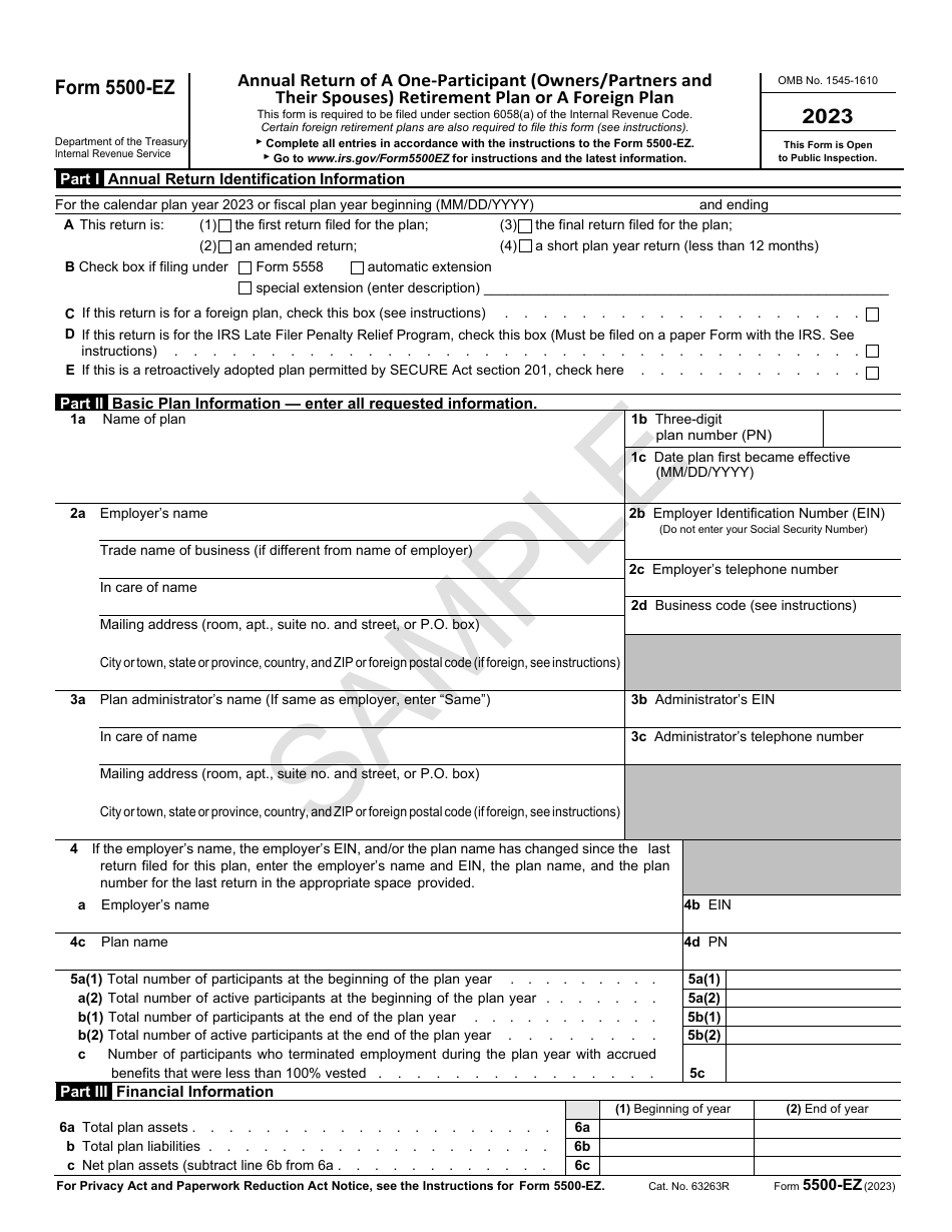 Form 5500-EZ Annual Return of a One-Participant (Owners / Partners and Their Spouses) Retirement Plan or a Foreign Plan - Sample, Page 1