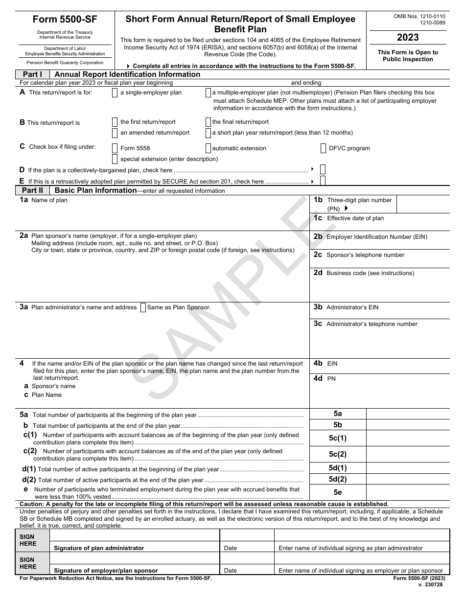Form 5500-SF Short Form Annual Return / Report of Small Employee Benefit Plan - Sample, Page 1
