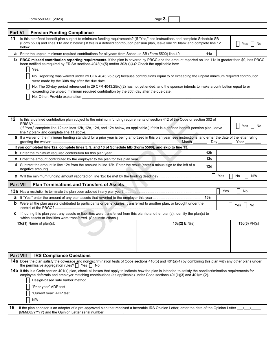Form 5500-SF Short Form Annual Return / Report of Small Employee Benefit Plan - Sample, Page 3