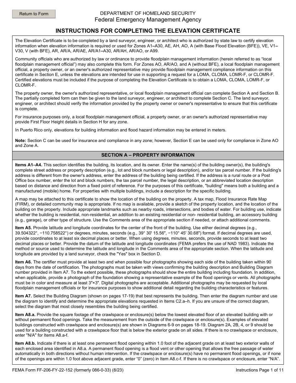 Instructions for FEMA Form FF-206-FY-22-152 Elevation Certificate - National Flood Insurance Program, Page 1