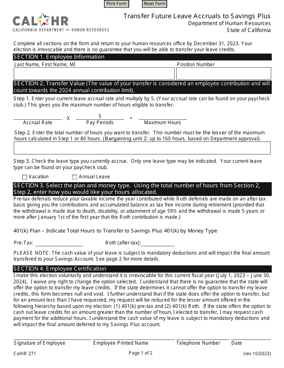 Form Calhr271 Download Fillable Pdf Or Fill Online Transfer Future