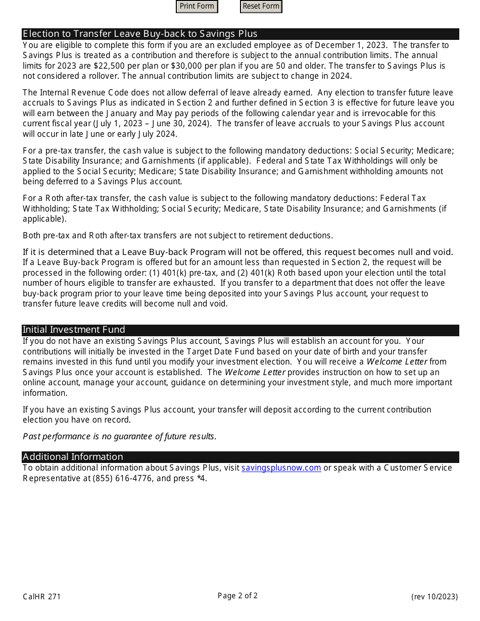Form CALHR271 Transfer Future Leave Accruals to Savings Plus - California, Page 2