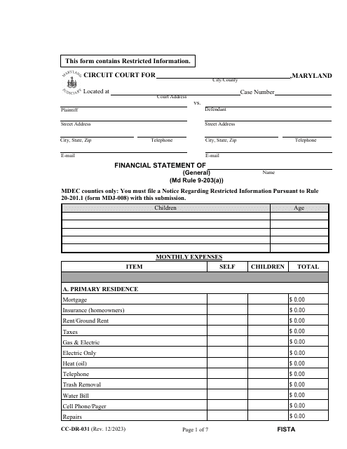 Form CC-DR-031 Financial Statement (General) - Maryland