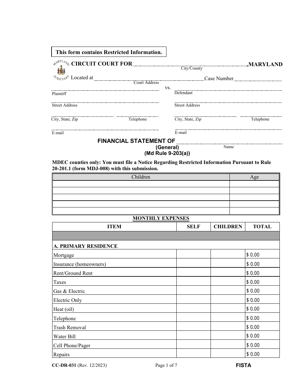 Form CC-DR-031 Financial Statement (General) - Maryland, Page 1