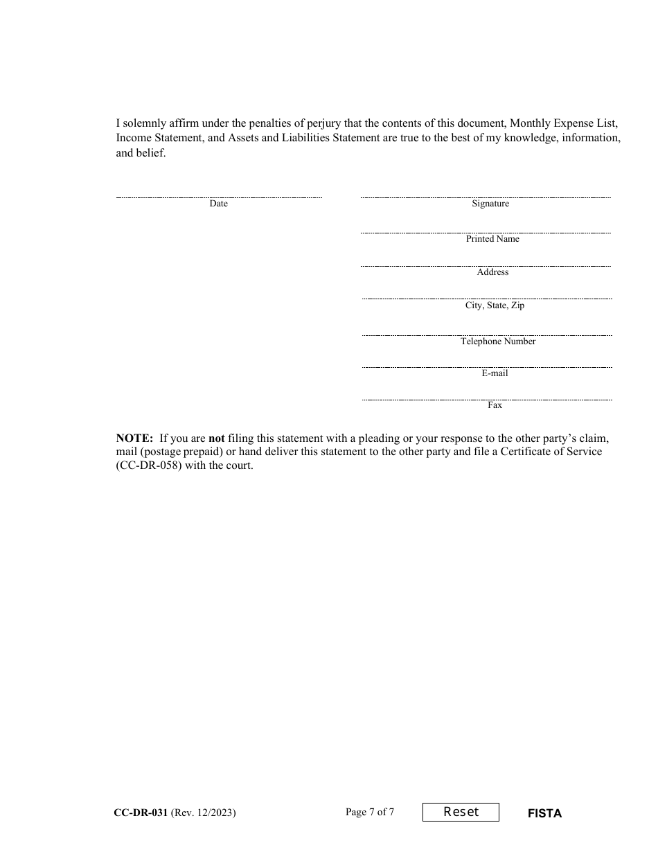 Form CC-DR-031 Financial Statement (General) - Maryland, Page 7