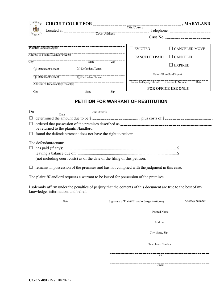 Form CC-CV-081 Petition for Warrant of Restitution - Maryland, Page 1