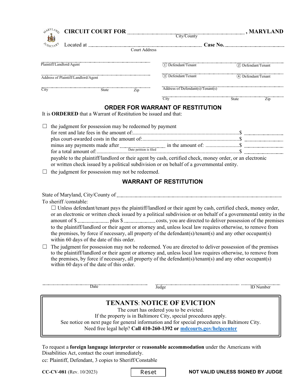 Form CC-CV-081 Petition for Warrant of Restitution - Maryland, Page 2