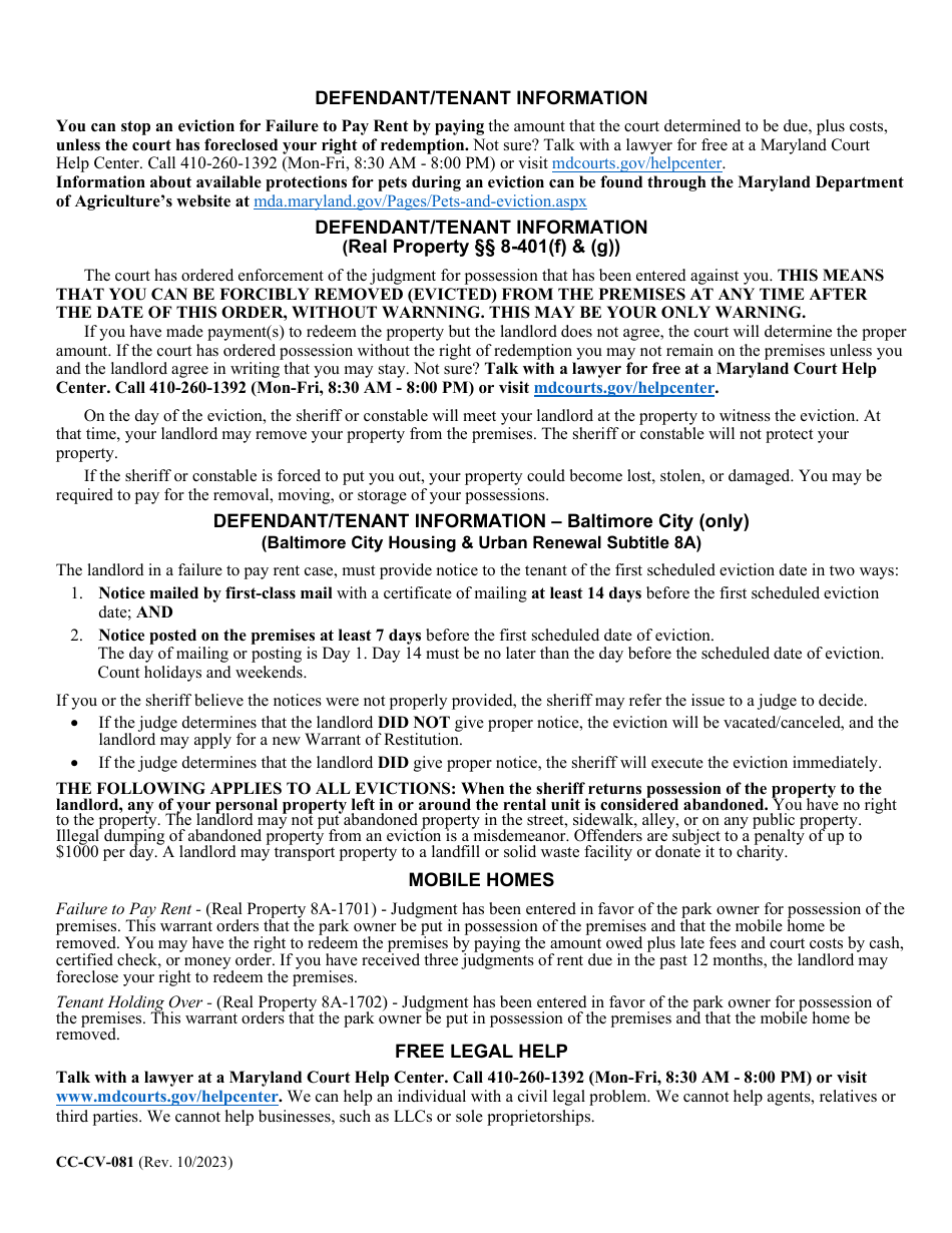Form CC-CV-081 Petition for Warrant of Restitution - Maryland, Page 3