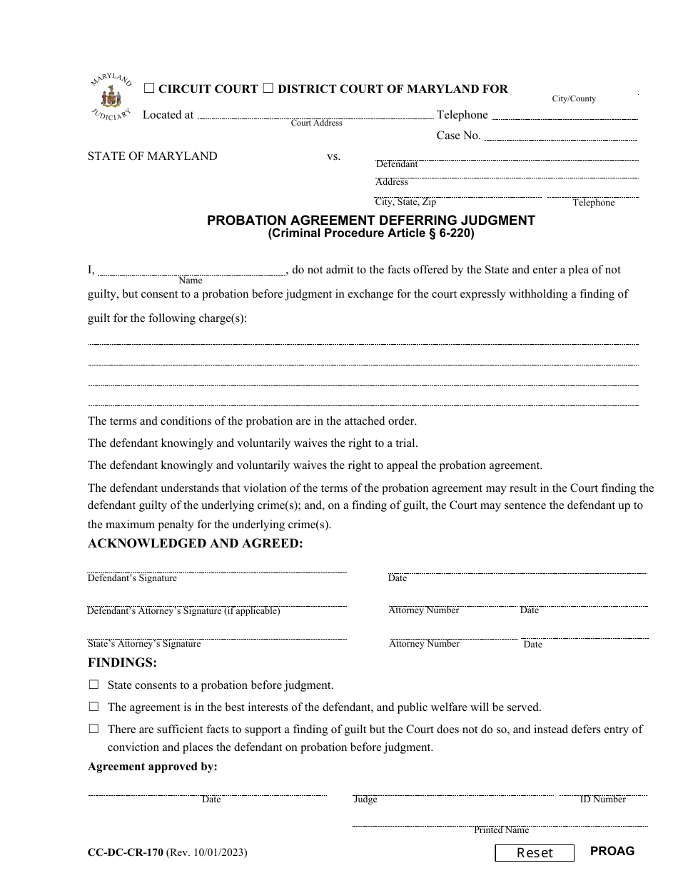 Form CC-DC-CR-170 Probation Agreement Deferring Judgment - Maryland, Page 1