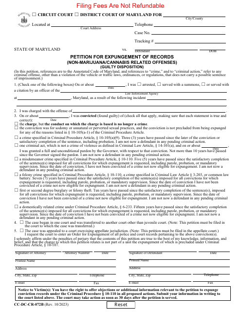 Form CC-DC-CR-072B Petition for Expungement of Records (Non-marijuana/Cannabis Related Offenses) (Guilty Disposition) - Maryland