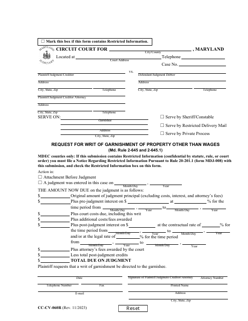 Form CC-CV-060R Request for Writ of Garnishment of Property Other Than Wages - Maryland