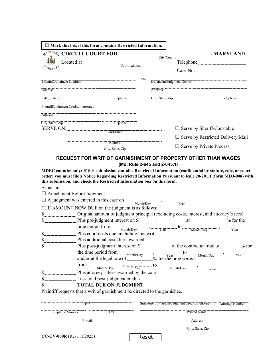 Form CCCV060R Download Fillable PDF or Fill Online Request for Writ