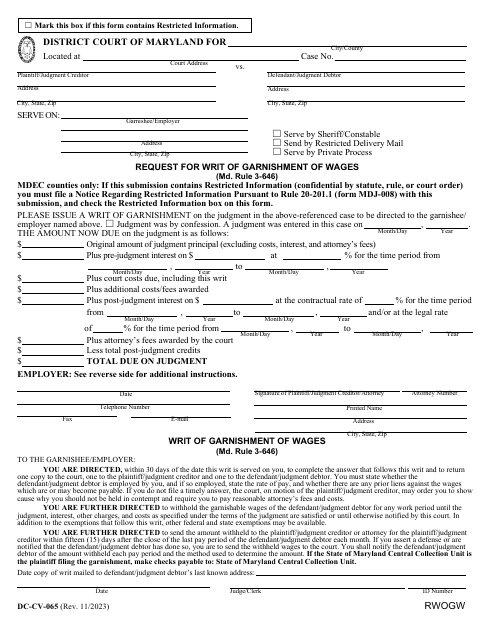 Form DC-CV-065 Request for Writ of Garnishment of Wages - Maryland