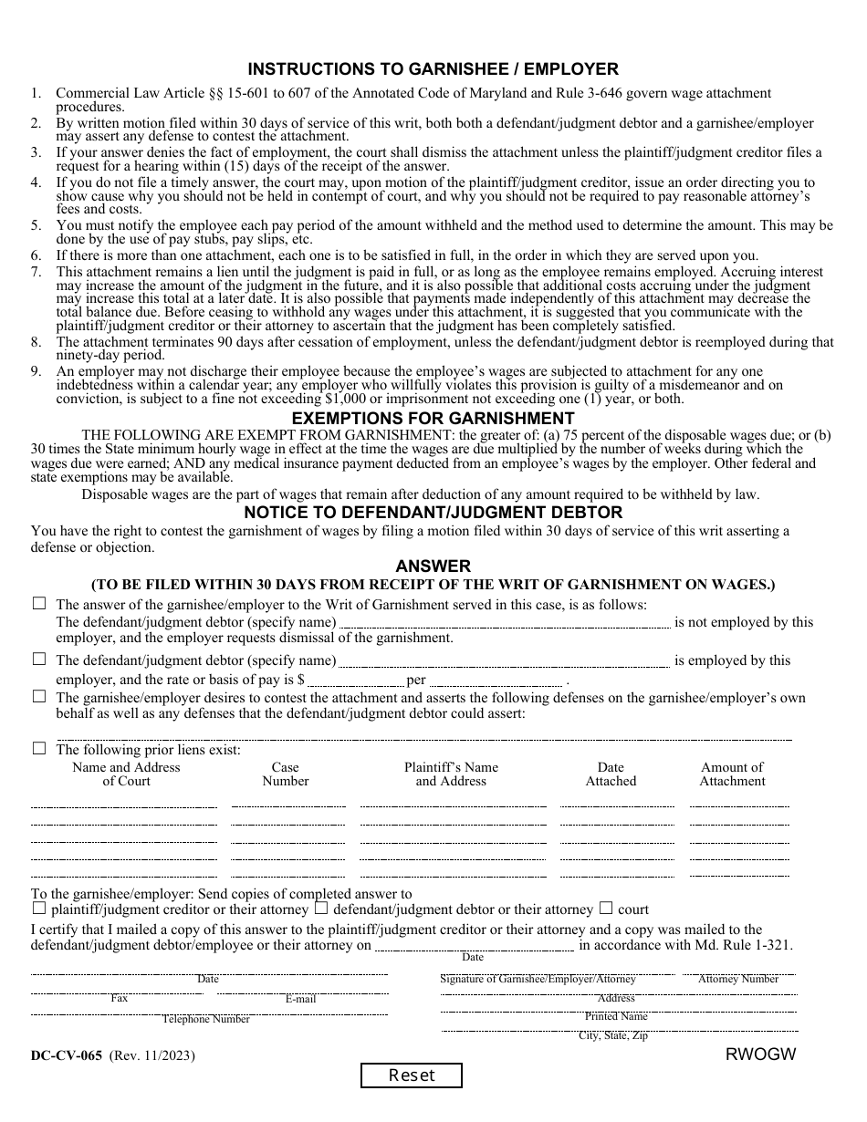 Form DC-CV-065 Request for Writ of Garnishment of Wages - Maryland, Page 2