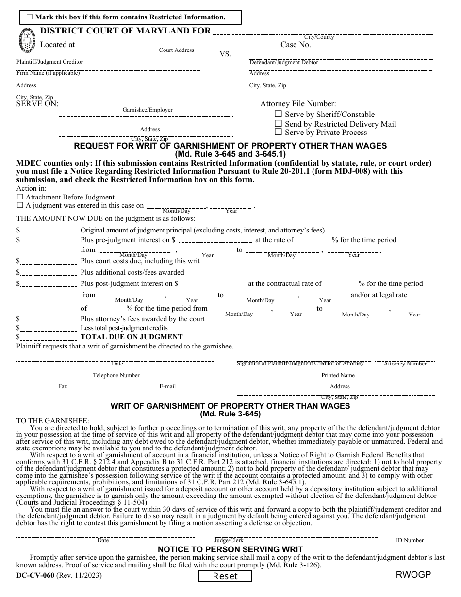 Form DCCV060 Download Fillable PDF or Fill Online Request for Writ of