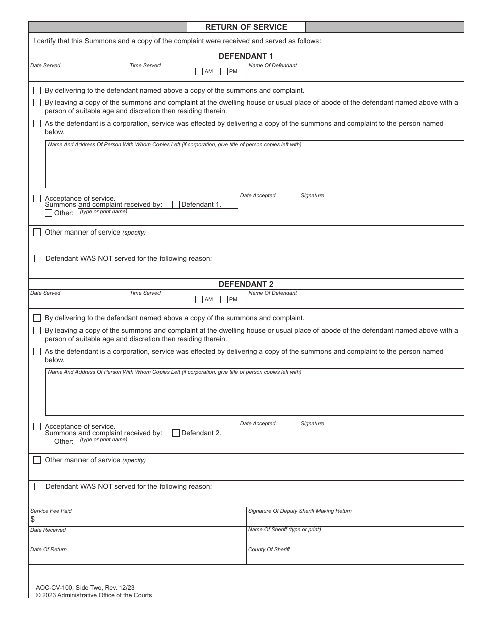 Form AOC-CV-100 Download Fillable PDF or Fill Online Civil Summons ...