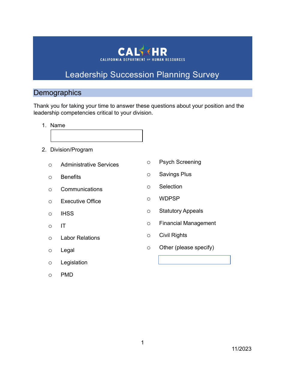 Leadership Succession Planning Survey - California, Page 1