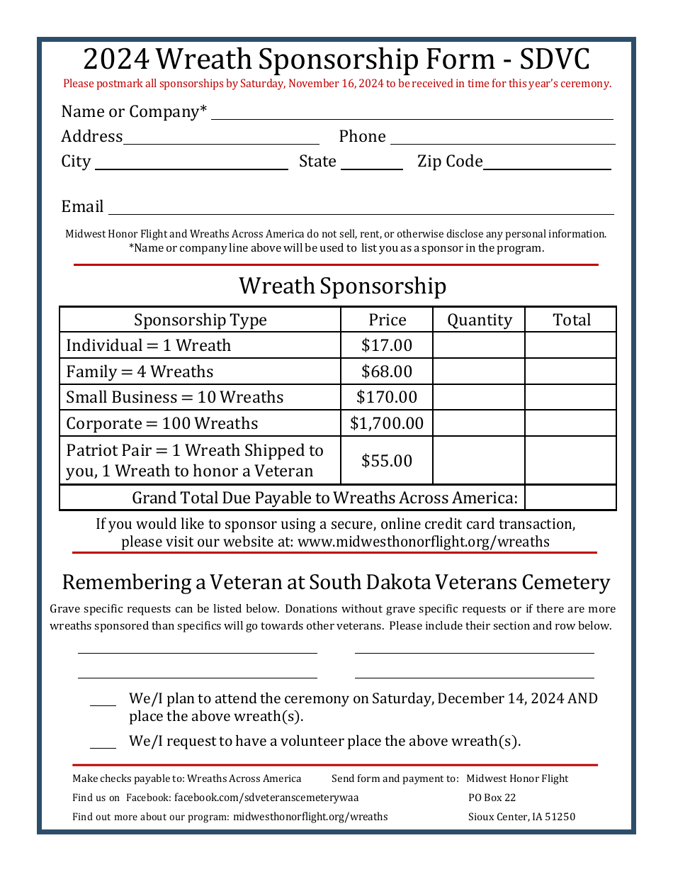 Wreath Sponsorship Form - South Dakota, Page 1