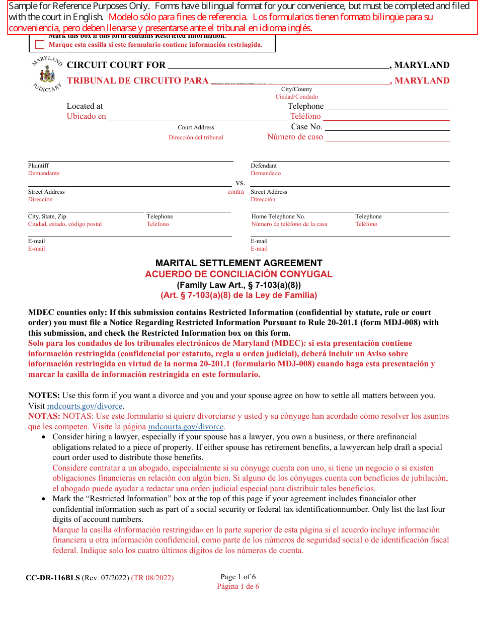 Form CC-DR-116BLS Marital Settlement Agreement - Maryland (English / Spanish), Page 1