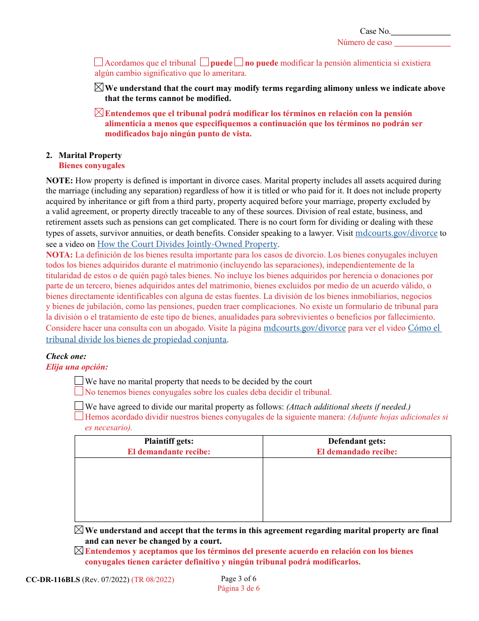 Form CC-DR-116BLS Marital Settlement Agreement - Maryland (English / Spanish), Page 3