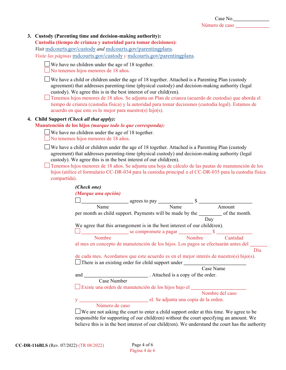 Form CC-DR-116BLS Marital Settlement Agreement - Maryland (English / Spanish), Page 4