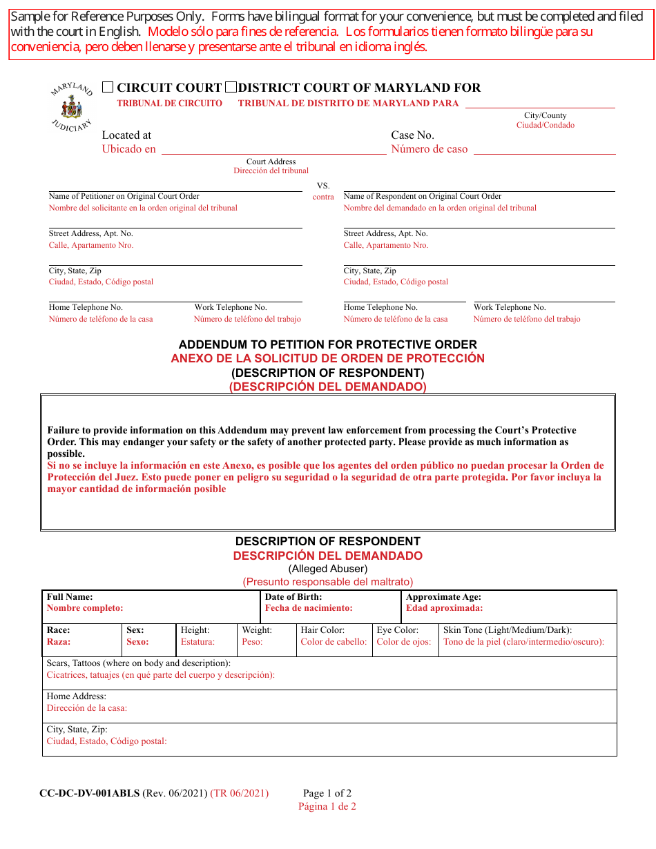 Form CC-DC-DV-001ABLS Addendum to Petition for Protective Order (Description of Respondent) - Maryland (English / Spanish), Page 1