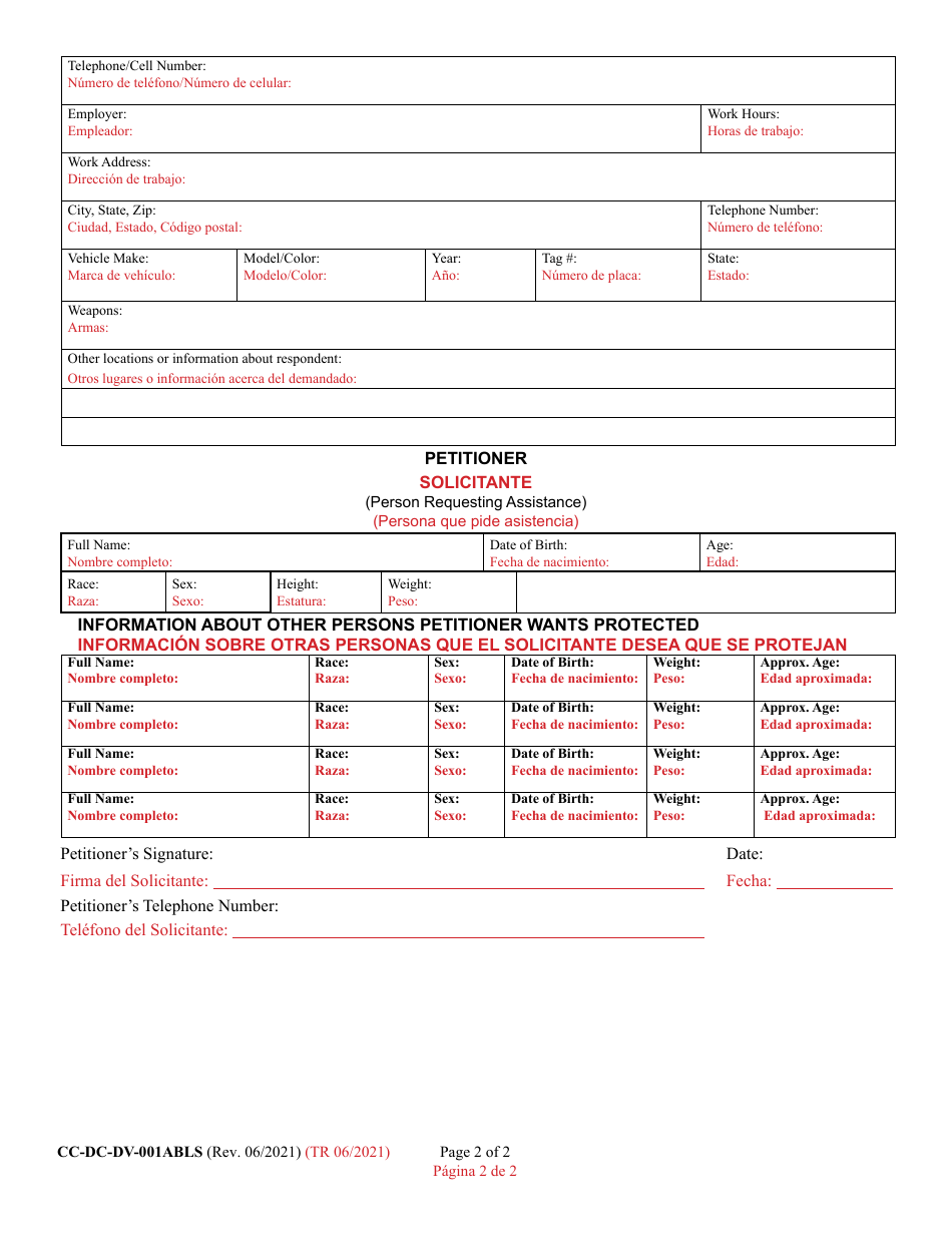Form CC-DC-DV-001ABLS Addendum to Petition for Protective Order (Description of Respondent) - Maryland (English / Spanish), Page 2